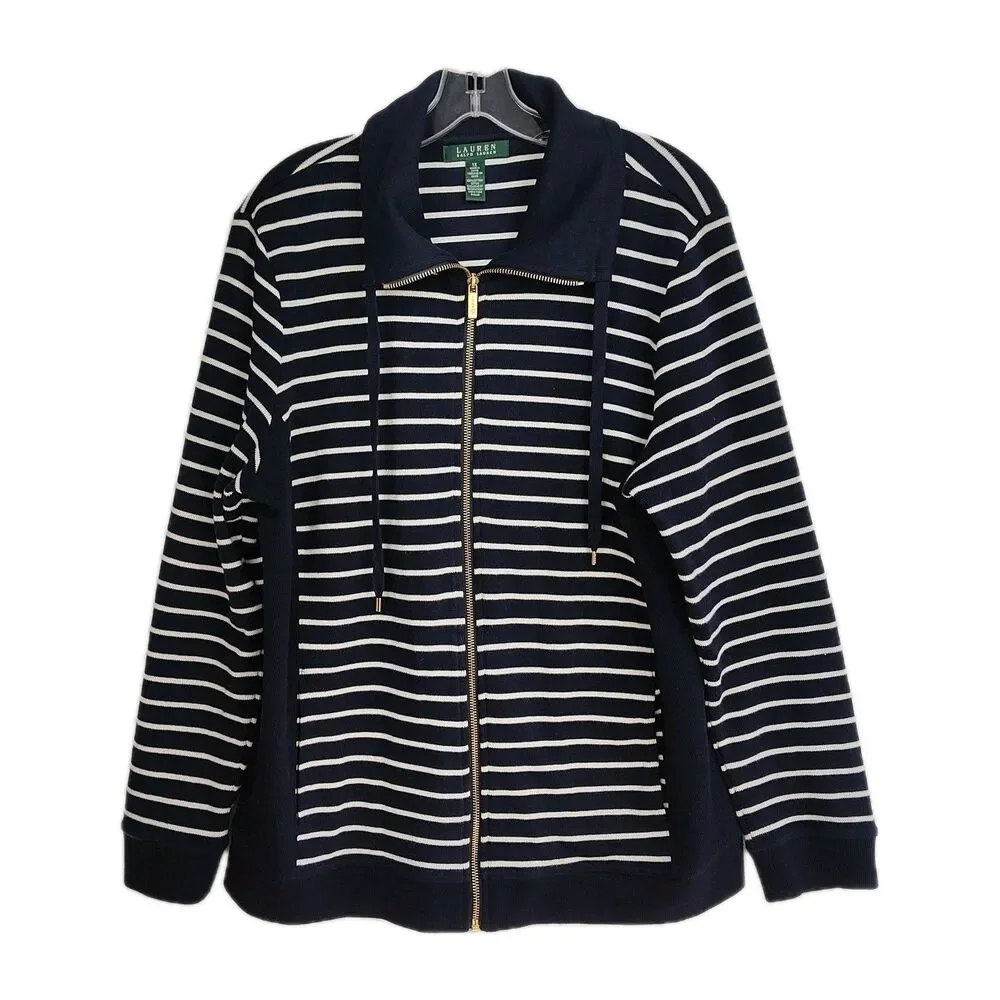 Lauren Ralph Lauren Full-Zip Women's Sweater Jacket, 1X, Navy‎ w/ White Stripes